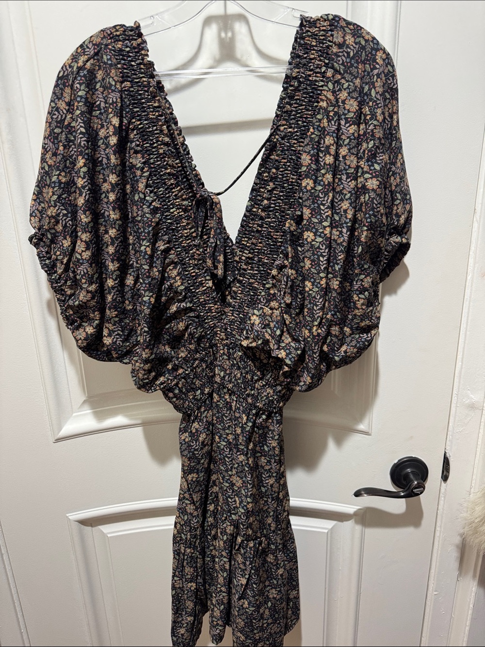 Floral V-Neck Smocked Mini Dress in Black and Brown - Picture 2 of 3